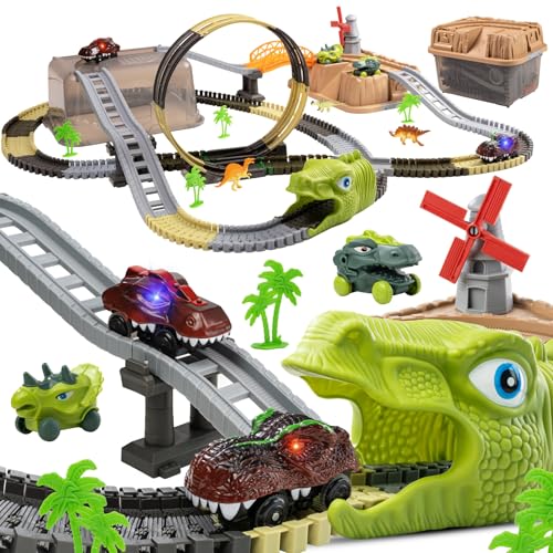 TUMAMA Pista Da Corsa Dinosauro Macchinine Elettrica a 360 Loops, 255 Pezzi Trenino Elettrico e Ferrovie Per Bambini 3 5 6 9 Anni Con 2 Auto, Set Di Pista Macchine Dino Giocattolo, Camion Cars Giochi