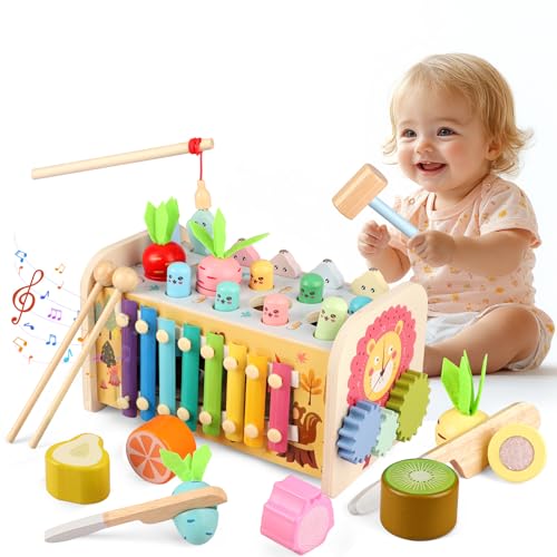 Giochi Montessori 1 Anno, 9 in 1 Giocattoli Bambini Cubo Multiattivita Legno Gioco Educativi Bambi con Giochi Pesca, Strumenti Xilofono, Acchiappa La Talpa, Regalo Compleanno 2 3 4 5 Anni 12 18 Mesi
