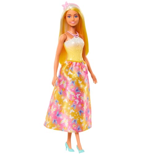 Barbie - Bambola bionda con cerchietto rosa, corpetto fanstasia ispirato alle conchiglie e gonna colorata, scarpe con i tacchi incluse, giocattolo per bambini, 3+ anni, HRR09