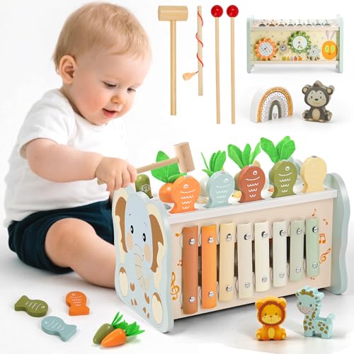 Almaxi Giochi Montessori 1 Anno, 6 in 1 Giochi Legno Bambini 1 Anno, Giocattoli Bambino con Acchiappa La Talpa, Giochi Pesca, Xilofono Bambini, Regalo Bambino Bambina 1 2 3 Anni Compleanno Natale