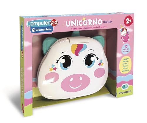 Clementoni - Computer Kid Unicorno Laptop Educativo Bambini 2+ Anni, 10 attività, Gioco Elettronico per Imparare Lettere, Numeri, Forme, Colori e Direzioni, Batterie Incluse, Lingua Italiana, 16489