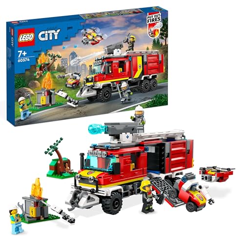 LEGO 60374 City Fire Autopompa dei Vigili del Fuoco, Unità di Comando dei Pompieri con Camion Giocattolo e Droni Terrestri e Aerei, Veicoli per Bambini, Ragazzi e Ragazze