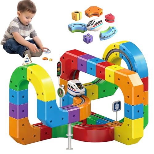 Clickrail - Set di traini elettrici flessibili da corsa, 51/81/118 pezzi, con layout 3D, blocchi magnetici e treno motorizzato, giocattolo per bambini (81 pezzi)