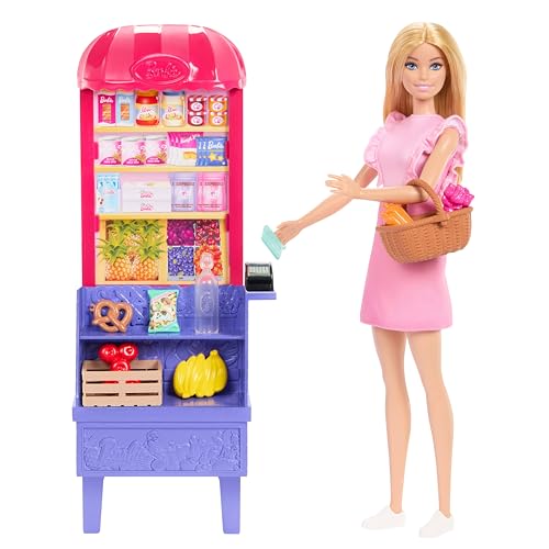 Barbie - Malibu fa la spesa, bambola bionda e bancarella del mercato con 11 accessori a tema, set ispirato al film Barbie e Teresa La Ricetta dell'Amicizia, giocattolo per bambini, 3+ anni, JCT05