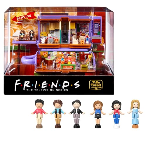 Polly Pocket - Cofanetto Friends, playset tazza da caffè Central Perk, con i 6 personaggi principali, 9 accessori e 3 luoghi della serie Friends inclusi, giocattolo per bambini, 4+ anni, HKV74