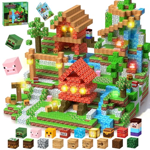 YOOHBERRYS Costruzioni Magnetiche per Bambini 200 PCS 2CM, Giochi Cubi Magnetici Luminose con LED, Blocchi Magnetici Building Blocks Giocattoli Montessori per Bambini 3 4 5 6 7 8 9 Anni (Villaggio)