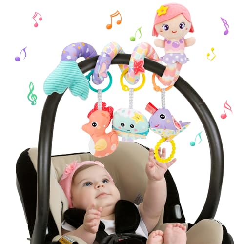 Funsland Giocattolo a Spirale Passeggino Neonato - Giochi Passeggino Neonati Regalo per 0 3 6 Mesi Ragazze, Peluche Giocattolo a Spirale con Musica per Culla Neonato/Seggiolino Auto, Rosa
