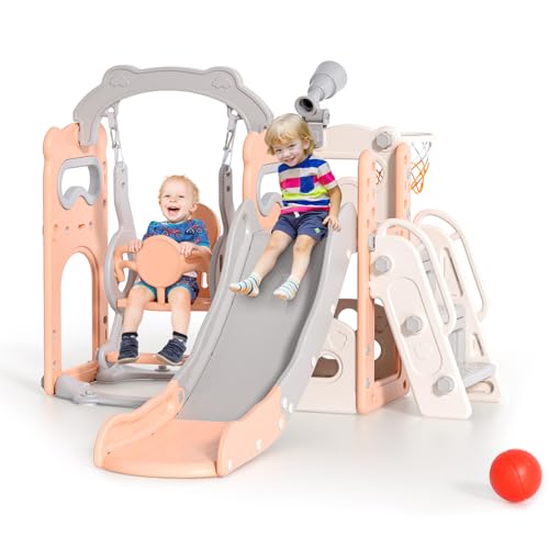 Scivolo per bambini, scivolo per bambini piccoli indipendente con canestro da basket, attrezzatura per parco giochi con scivolo per bambini, scivoli per bambini all'aperto (Beige Rosa- 6 in 1)