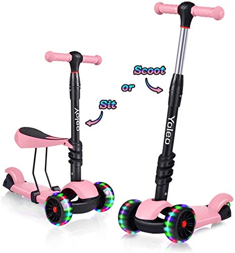 YOLEO Monopattino per Bambini 3-in-1, Monopattino 3 Ruote Lampeggianti in LED, Kids Scooter, Con Sedile Estraibile/Monopattino Bambini 2 a 8 Anni, Carico Massimo 75 Kg, Regalo per Bambini (Rosa 1)