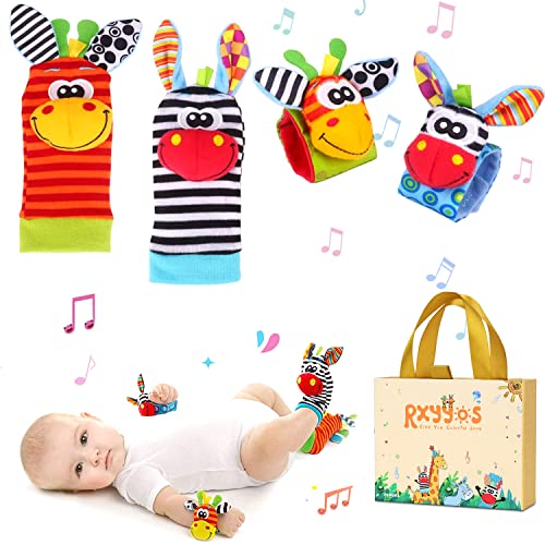 Giochi Neonato Sonagli Sensoriali per Bambini, Calzini da Polso Simpatici Animaletti Developmental Soft Toys Bambole per Neonati Neonato, 4 Pezzi