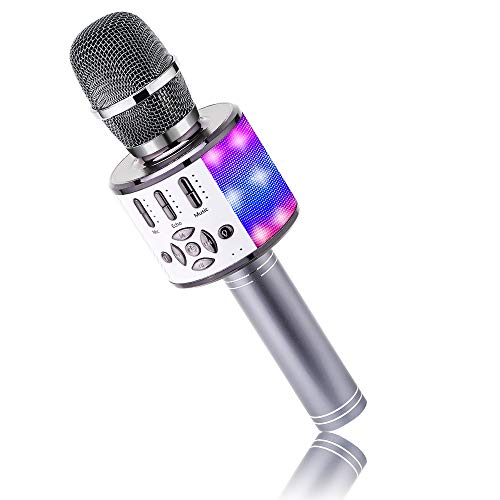 BONAOK Microfono Karaoke Cambia voce, Microfono Colorato per Adulti,Microfono Karaoke Luci e Suoni,Microfono Home KTV Sing, Macchina Karaoke Alternativa, Compatibile con IOS Android (Grigio Siderale)