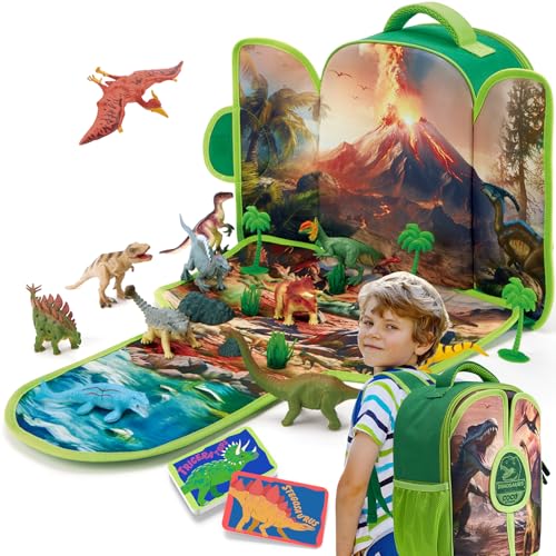 COCO&Friends Dinosauri Giocattolo per Bambini 3 - 7 Anni, Zaino Portatile con Tappetino da Gioco 3D Pieghevole, Regalo per Bambini Ragazzi Ragazze