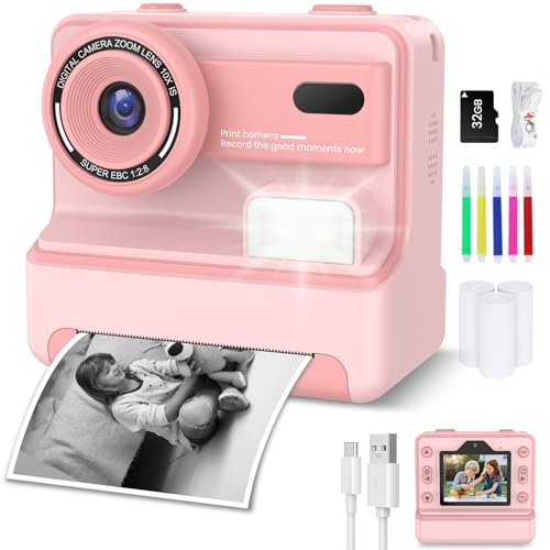 Macchina Fotografica Bambini Istantanea, 48M/1080P Fotocamera Bambini Selfie, 2.4 Pollici Macchina Fotografica Banbini con Carta da Stampa e 32GB Scheda,Regali per Ragazze Ragazzi 3-12 Anni (Rosa)