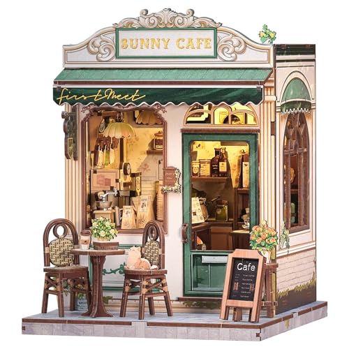 CUTEBEE Book Nook Kit - Casa Delle Bambole Miniature DIY Con Luci LED, Fermalibri In Legno 3D, Decorazione Vintage Crema E Verde Per Librerie, Regalo(Sunny cafe)