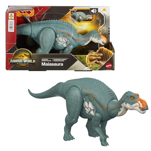 Mattel Jurassic World La Rinascita Maiasaura Ruggito Selvaggio, dinosauro giocattolo con attacco multidirezionale azionato con la coda e suoni, snodato, gioco digitale, JGC82