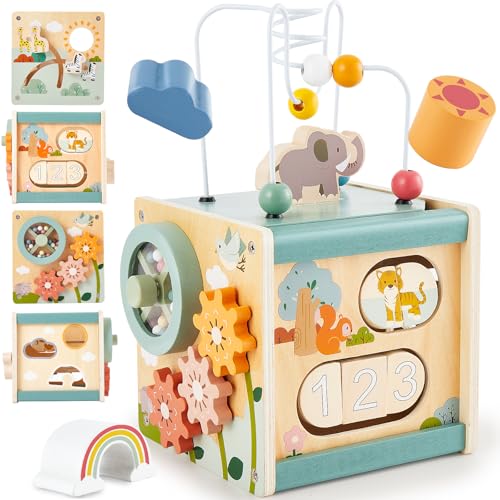 LINFUN KIDS Cubo di attività in Legno per Bambini,Multiattivita Giochi Cubi con Labirinto di Perline Gioco Montessori Educativi Regali per Ragazzi e Ragazze 12M+ 2 3 Anno