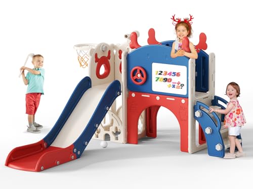 Krovtoy Scivolo per bambini a tema alce di Natale, indipendente con set da golf, Attrezzatura per parco giochi con scivolo per bambini, per uso interno (Blu e rosso- 6 in 1)