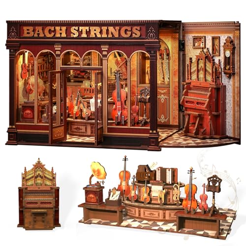 CUTEBEE Book Nook Kit - Casa delle Bambole a Tema Musica Classica, Casa in Miniatura Vintage con Luci LED, Decorazione per Libreria, (Bach Strings)