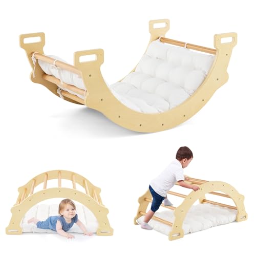 COSTWAY Arco da Arrampicata per Bambini, 2 in 1 Altalena ad Arco in Legno con Cuscino Morbido, Doppia Faccia, Ideale per Bambini 1+ Anni (Naturale)