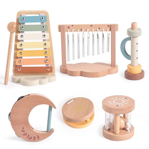 Smartwo Strumenti Musicali Bambini 1 Anno, Giochi Montessori in Legno 6 in 1 per Bambo con Xilofono Tamburello Tromba Sonaglio, Giocattoli Sensoriali Educativi Interattivi, Regalo 1 2 3 4 Anni