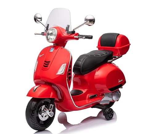 Mondial Toys Moto Elettrica per Bambini 12V con Licenza Ufficiale Vespa Piaggio – Modello GTS Super, Luci LED, MP3, Sedile in Pelle, Bauletto – Rosso