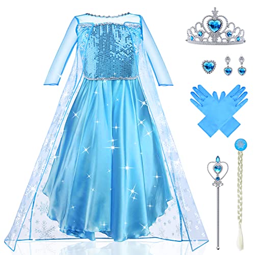 URAQT Elsa Costume per bambini e bambine, set da 9 pezzi, vestito Elsa per bambini con corona, guanti per diadema, bacchetta magica per travestimento di Natale, carnevale, Halloween, compleanno, festa