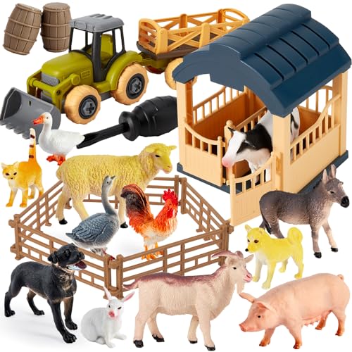 BUYGER Set Animali della Fattoria per Bambini 3 + Anni, con Trattore Giocattolo, Realistica Figurine Animali Plastica, Assemblare Stalla e Recinto, Giochi Animali Educativo per Bambino Bambina