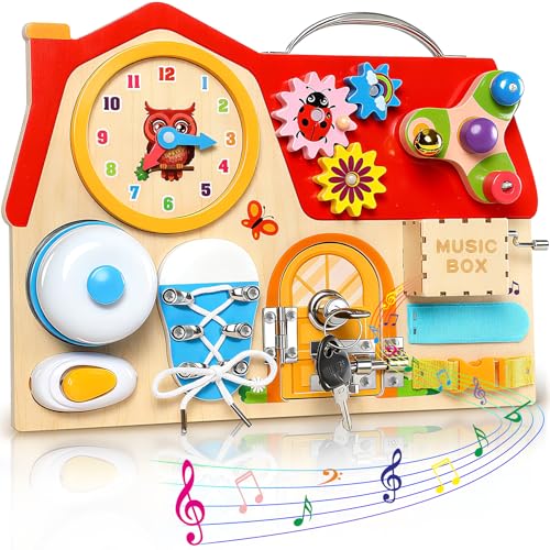 LUVTOY Wooden Busy Board, 12 in 1 Montessori Giochi per 2 3 4 5 Anni Tavola Sensoriali per Giocattoli attività Giocattolo Educativo, Giocattoli da Viaggio per Bambini, Regali di Natale