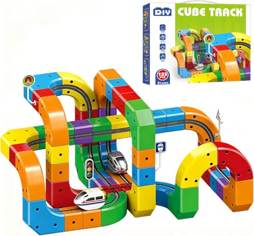 Clickrail Set di Traino Elettrico, DIY Cube Track, 3D Klickrail Pista Magnetica Macchinine, Magic Rail Block Train con Blocchi Costruzioni, Percorso a Gravità, STEM, Regalo per Bambini (123 Pezzi)