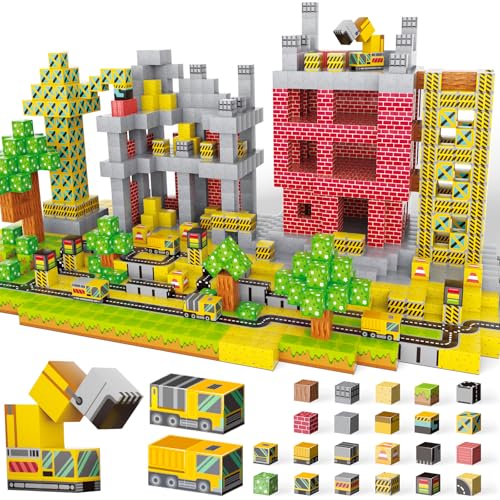 BuzzoXerex Cubi Magnetici per Bambini, 2.5CM Costruzioni Magnetiche 80 Pezzi Magnetic Tiles con Escavatori, Gru Magnetic Building Blocks per 4 5 6 7 8 9 Anni, Regali di Natale, Regalo di Compleanno