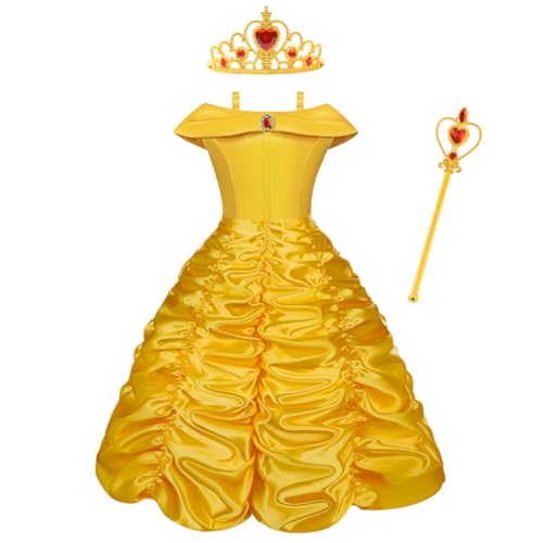 Vicloon Belle Cosplay Costume, Principessa Belle Carnevali Costume Vestito da Ragazza con Principessa Corona, Principessa Bacchetta, Festa di Compleanno Natale Holloween Cosplay Party, 130CM