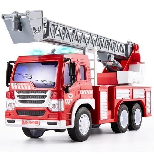 HERSITY Camion Pompieri Giocattolo Grande, Giochi Vigili del Fuoco con Luci e Suoni, Scala Retrattile, 1/16 Camioncino con Macchinine per Bambini Maschio 3 4 5 Anni