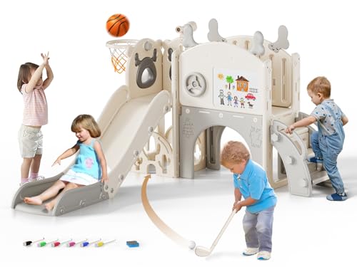 Krovtoy Scivolo per bambini a tema alce di Natale, indipendente con set da golf, Attrezzatura per parco giochi con scivolo per bambini, per uso interno (beige grigio- 6 in 1)
