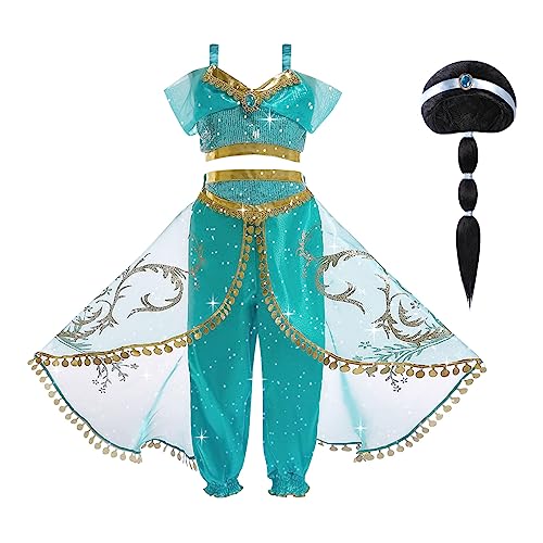 ACWOO Costume Vestito Jasmine Principessa per Ragazza Bambini, Jasmine Costume Ragazze Principessa con Parrucca, Jasmine Principessa Abiti Ragazze per Festa Danza Compleanno Halloween Cosplay (130cm)