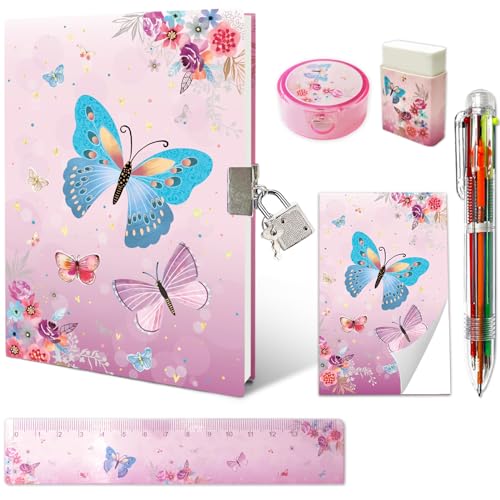Set di Diario Segreto Bambina, Rosa Farfalla Diario Segreto con Lucchetto Penna con 6 Colori Diversi Mini Bloc Notes Righello & Temperamatite, Bambini Kit Quaderni Ragazza Regalo Bambina 6-10 Anni