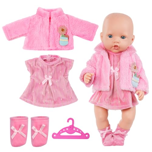 Aolso Vestiti per Bambole per New Born Baby Doll, Abiti per Bambolotti 35-45cm, Modello Ovile Rosa, con 1 Gonna Rosa Senza Maniche, 1 Giacca Rosa, 1 Paio di Calzini Rosa, 1 Gruccia di Colore Casuale