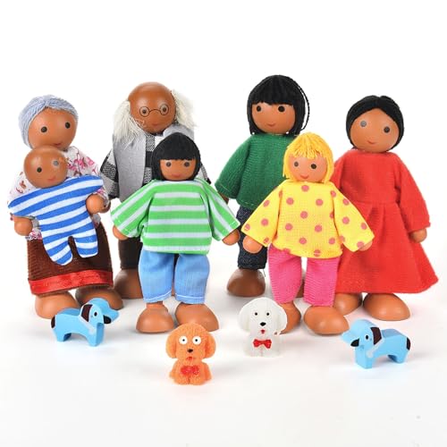 Aolso Casa delle Bambole in Legno - Set di 7 Persone e 4 Cani - Set da Gioco per Bambini