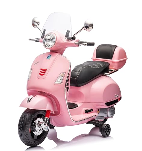 Mondial Toys Moto Elettrica per Bambini 12V con Licenza Ufficiale Vespa Piaggio – Modello GTS Super, Luci LED, MP3, Sedile in Pelle, Bauletto – Rosa
