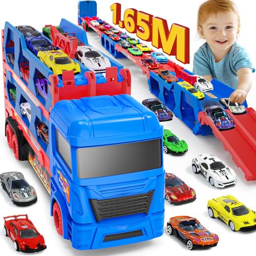maysida Camion giocattolo per bambini, pista da corsa pieghevole di 165 cm con 10 macchinine (metallo) - 4 auto retrattili e 6 auto da corsas, pista da corsa per camion giocattolo per bambini3-8