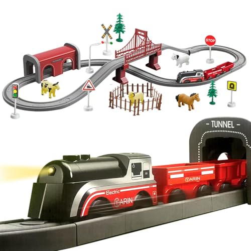 BASAMOU Trenino Elettrico Bambini 3 4 5 6 7 8 Anni con Luci e Animali, Treno Giocattolo Pista Macchinine, Giochi Bambini Pista da Corsa, Giocattolo Educativo Bambino Regalo Compleanno, Natale (70PCS)