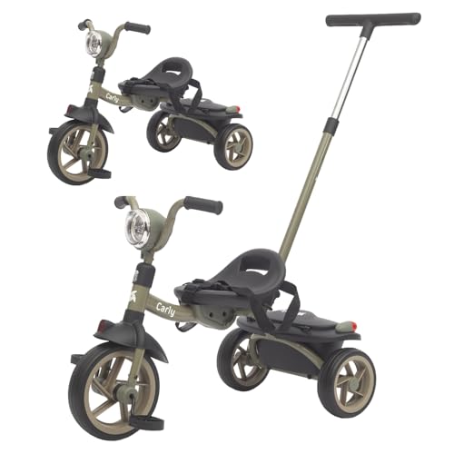 Twinly Triciclo Evolutivo per Bambini Pieghevole per bambini 1-5 Anni - Triciclo per Bambini Leggero e Compatto - Manubrio con Luce e Suono, Cestino e Barra di Spinta Regolabile Carly (Verde)