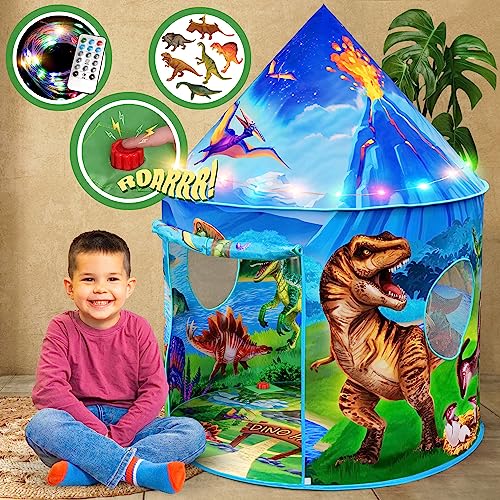 W&O Tenda Gioco Dino Paradise con Pulsante Ruggito, Giocattoli dei Dinosauri e Luci LED – Epica Tenda Pop-Up per Bambini e Bambine – Perfetta per Avventure Indoor & Outdoor