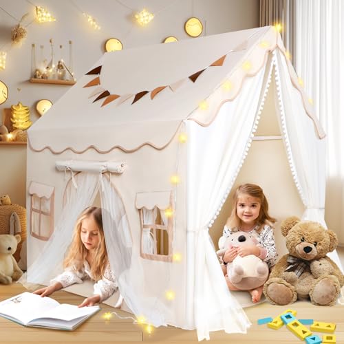 Herenear Tenda per Bambini con 2 Porte, Tenda da Gioco per Bambini Interni Esterni con Sottotenda e 2 Finestre, Cameretta Letto con Luci e Bandierine, Casetta Tenda Regalo