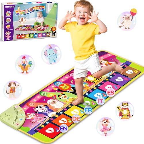 MOMUSE Tappeto Musicale 5 Lingue (IT/DE/FR/EN/ES), Regali Bambini 1 Anno, Tappeto Gioco Multilingue con 9 Animali, Portatile, Leggero, Regalo per Natale/Compleanno Bambini 1 2 3 4 Anni