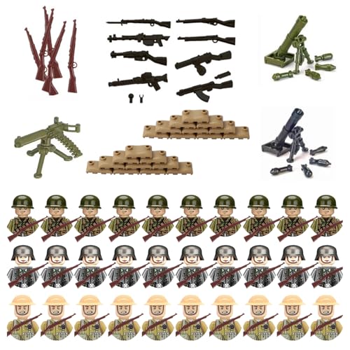 Figure di soldati della Seconda Guerra Mondiale, 30 minifigure di soldati + 63 armi, guerra militare, piccolo soldato mitragliatrice, sacca di sabbia soldati della Seconda Guerra Mondiale, compatibile