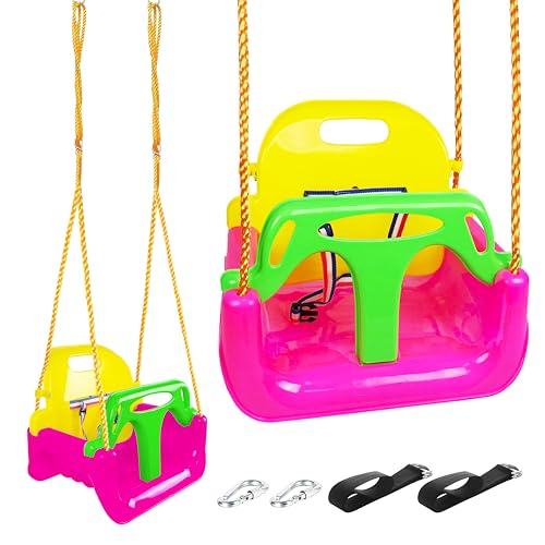 KINSPORY Altalena da Giardino 3 in 1 per Bambini, Altalena per bambini 3 in 1, Seggiolino Altalena Bambini Sedile in Plastica con Schienale e Cintura di Sicurezza per Esterno e Interno (Rosa Scuro)