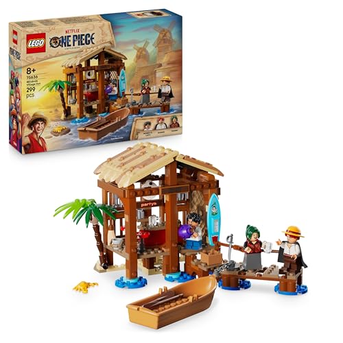 LEGO ONE PIECE La Capanna del Villaggio Foosha Giocattolo con Barca, Minifigure di Luffy, Shanks e Makino, Accessori e Poster Ricercato - Regalo per Bambini, Bambine e Fan degli Anime da 8 Anni 75636