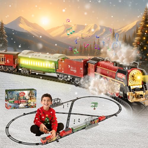 JONRRYIN Trenino Elettrico per Bambini, Trenino Albero di Natale, Treno Natalizio Giocattolo per Bambini Telecomandato con Affumicato, Luci e Suoni, Treni Elettrico Giocattolo con Pista Lunga per Rega