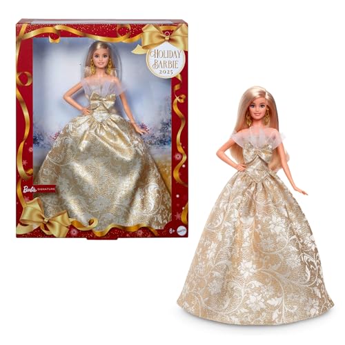 Barbie Signature - Barbie Magia delle Feste 2025, bambola da collezione con capelli biondi e abito argento e oro, confezione da esporre, regalo per le feste, giocattolo per bambini, 6+ anni, JBJ00