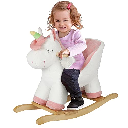 BAKAJI Unicorno a Dondolo Cavalcabile Peluche Cavallo Giocattolo per Bambini con Effetti Sonori Struttura in Legno e Maniglie Giochi prima Infanzia Dimensione 68 x 33 x 55 CM Bianco